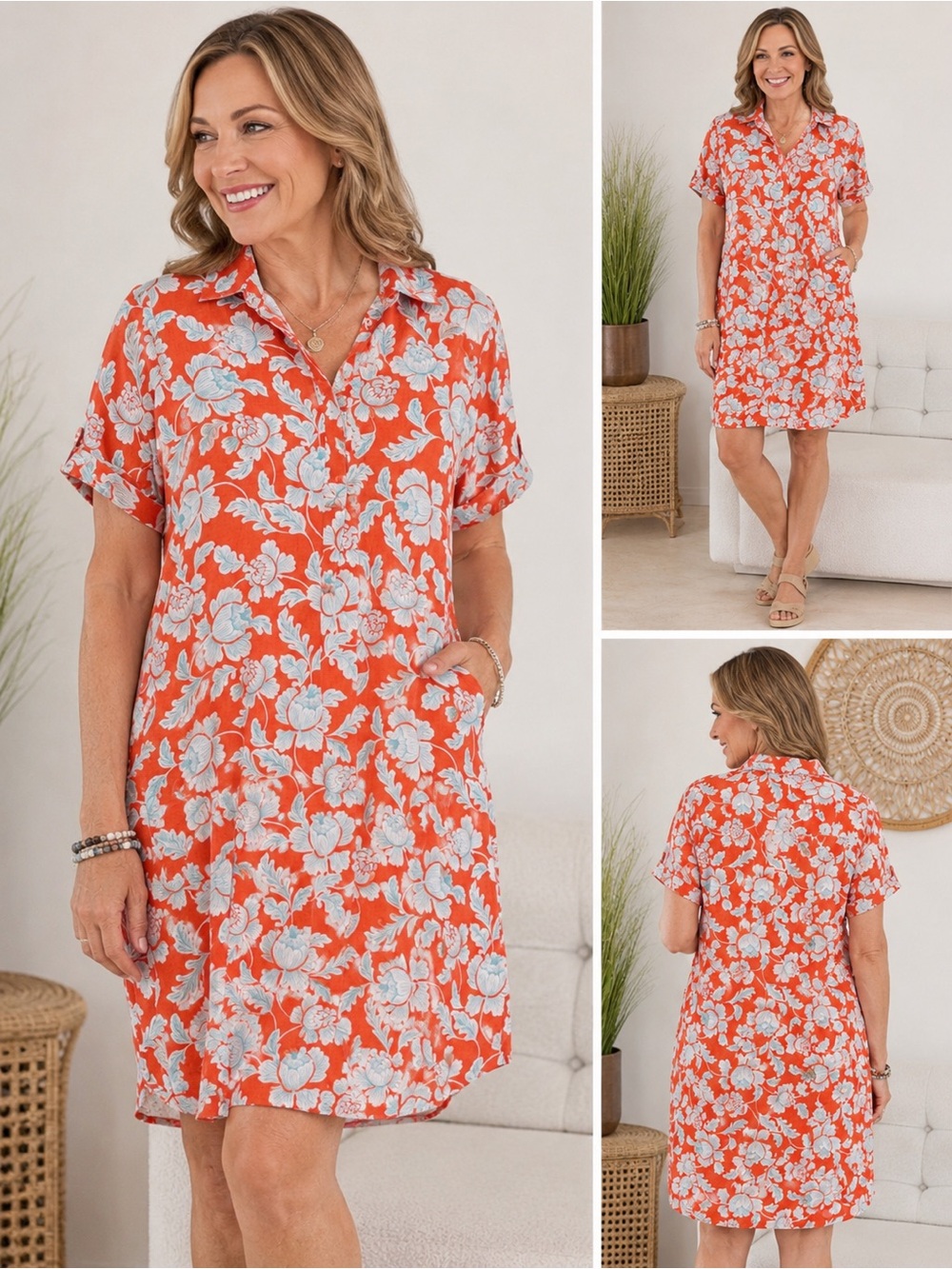 Chico's Orange and White Floral Button-Front Swim Cover-Up Dress